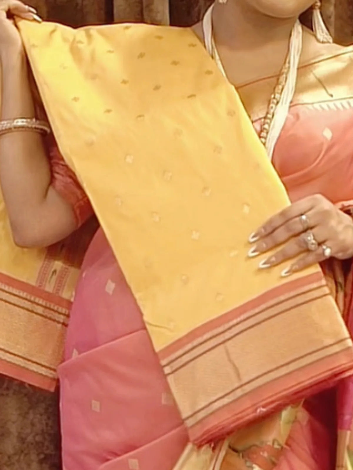 Madhuri Inspired Saree with Gold Butti and Contrast Border - Yellow-1  Celebrity Drapes