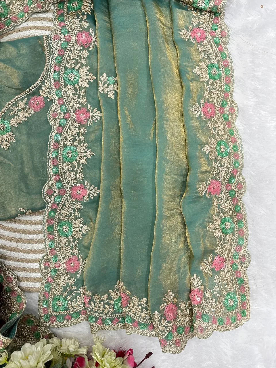 Ayesha Inspired Designer Multicolour Sequins Embroidered Space Silk Saree