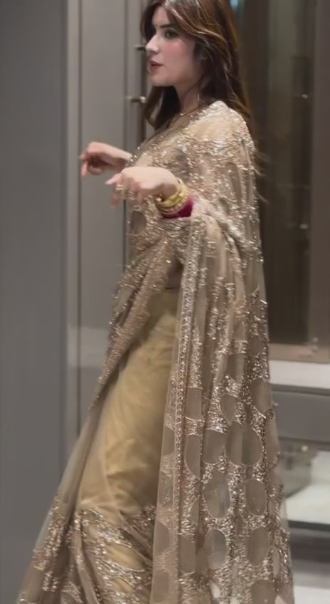 Bollywood Inspired Gold Butterfly Net Sequins Saree with Unstiched Blouse