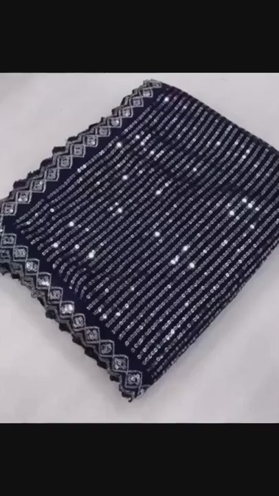 Trisha Inspired Blue & Silver Sequin Georgette Saree with Cutwork Lace