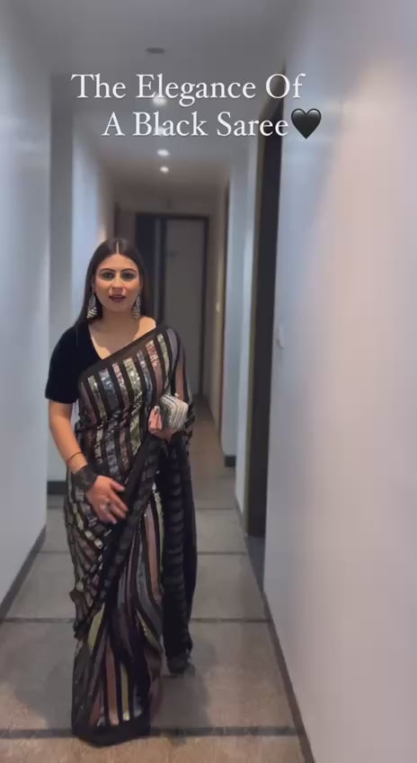 Bollywood-Inspired Black Sequin Saree with Metallic Stripes