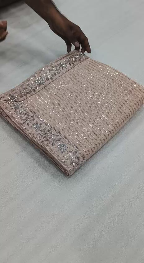 Peach Georgette Sequin Saree with Embroidery-67246740308049
