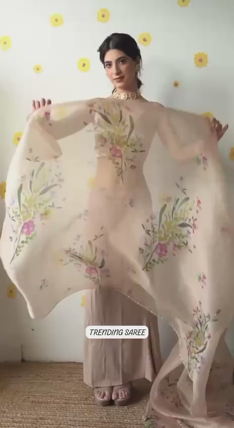 Bollywood Inspired Floral Print Soft Tabby Silk Saree with Decorative Bead & Sequin Border