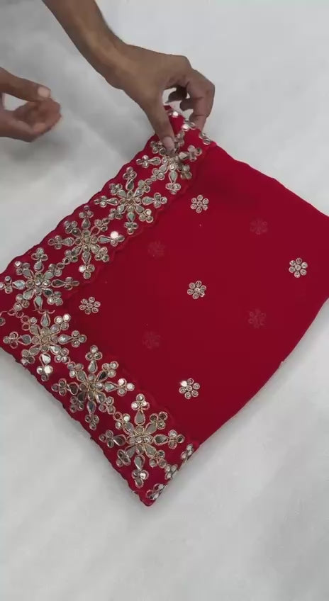 Bollywood Inspired Red Mirror Work Saree with Intricate Floral Detailing