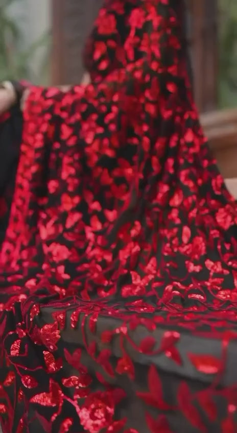 Bollywood-Inspired Red Faux Georgette Saree with Zaal Flower Sequins