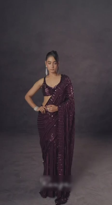 Bollywood Inspired Wine Saree with Lace Border & Heavy Sequin Embroidered Blouse