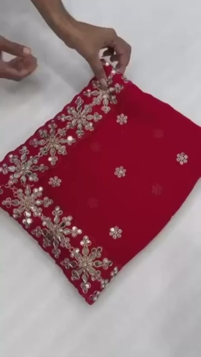 Red Mirror Work Saree with Intricate Floral Detailing-71287265198161