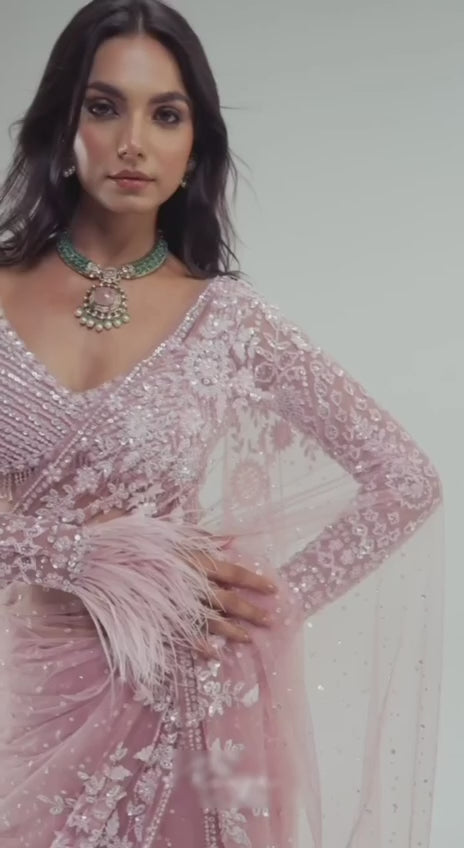 Bollywood Inspired Pink Net Saree with Sequins & Thread Embroidery