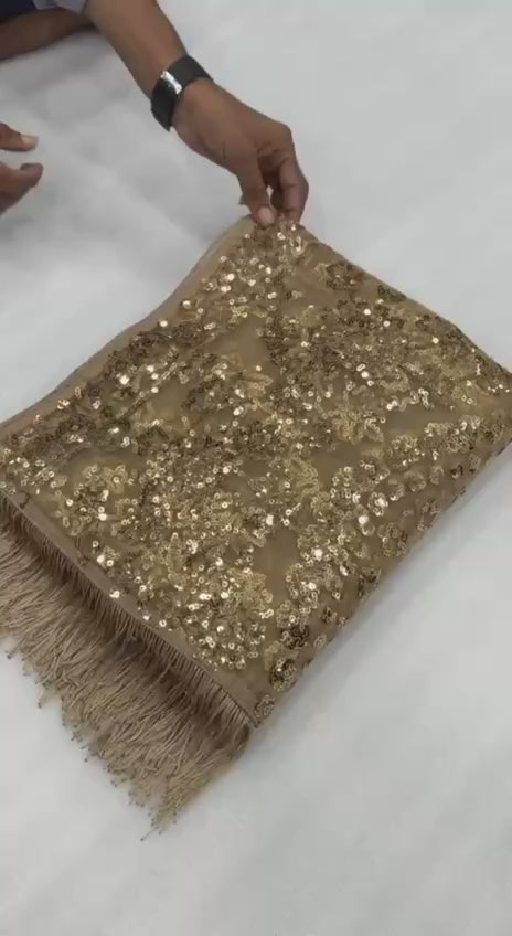 Bollywood Inspired Embroidered Golden Net Saree With Jhalar Border