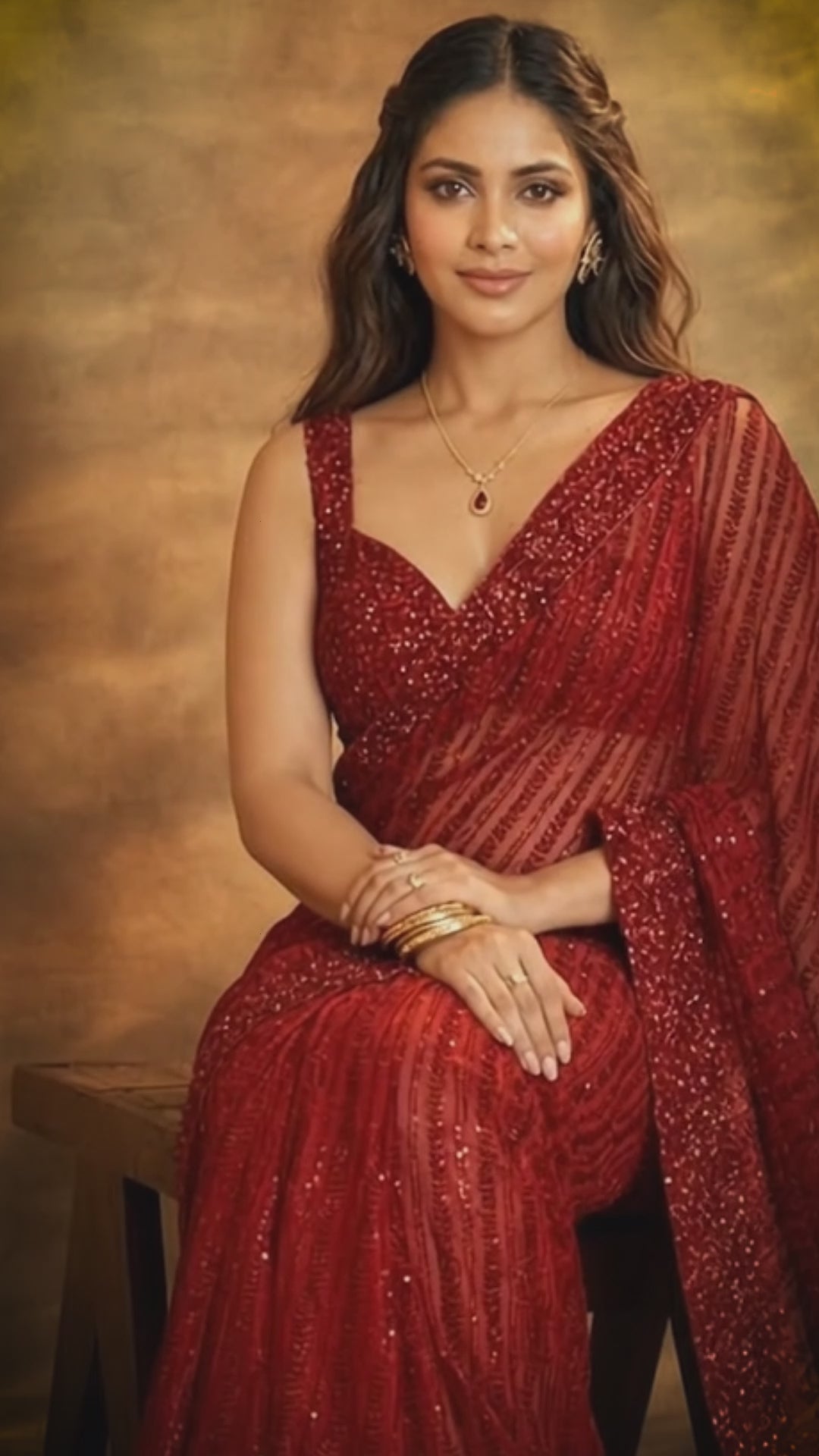 Bollywood Inspired Red Sequin Saree with Lace Border & Heavy Sequin Blouse