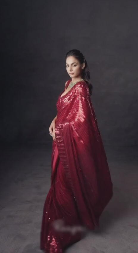 Bollywood Inspired Red Sequin Saree with Lace Border & Heavy Sequin Blouse