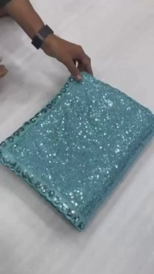Bollywood-Inspired Sky Blue Sequin Saree with Border Detailing