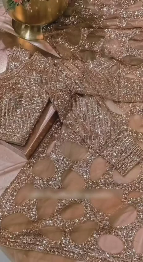 Bollywood Inspired Gold Butterfly Net Sequins Saree with Unstiched Blouse