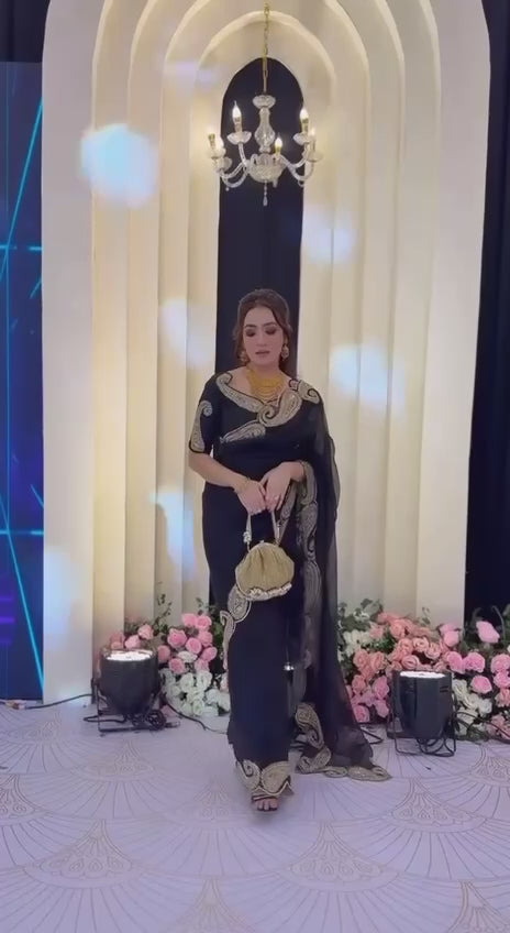 Bollywood Inspired Soft Rangoli Silk Black Saree with Beautiful Zari Embroidery