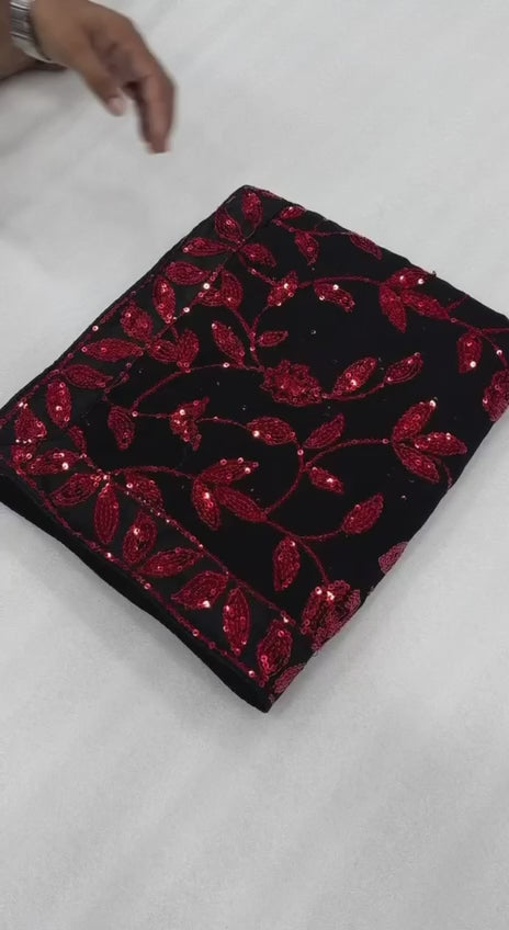 Bollywood-Inspired Red Faux Georgette Saree with Zaal Flower Sequins