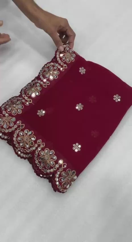 Bollywood Inspired Maroon Mirror Work Saree with Matching Blouse Piece