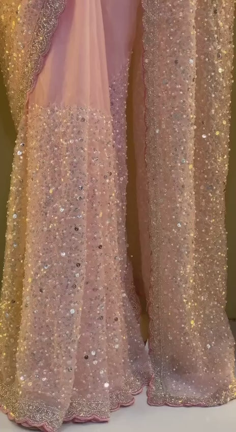 Bollywood Inspired Pink Soft Net Saree with Sequins and Beads Work