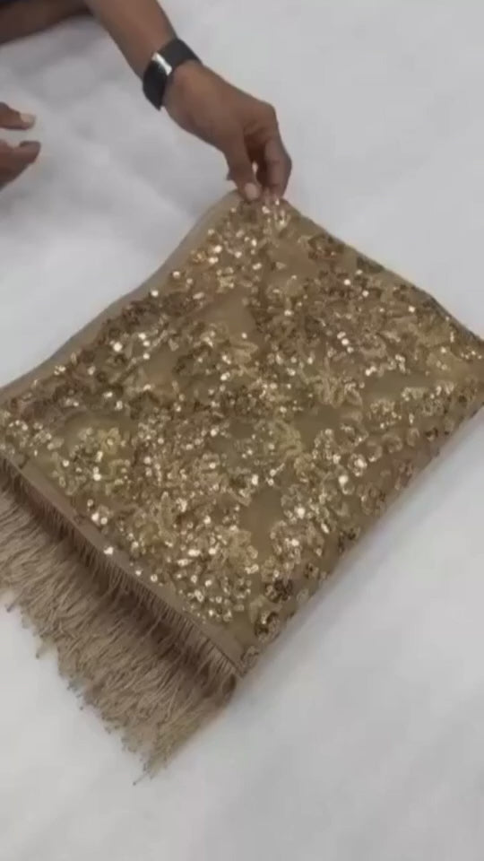 Bollywood Inspired Embroidered Golden Net Saree With Jhalar Border