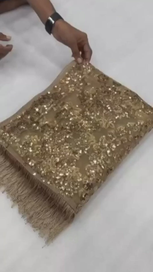 Golden Net Saree with Embroidery and Jhalar Border-71288049500241