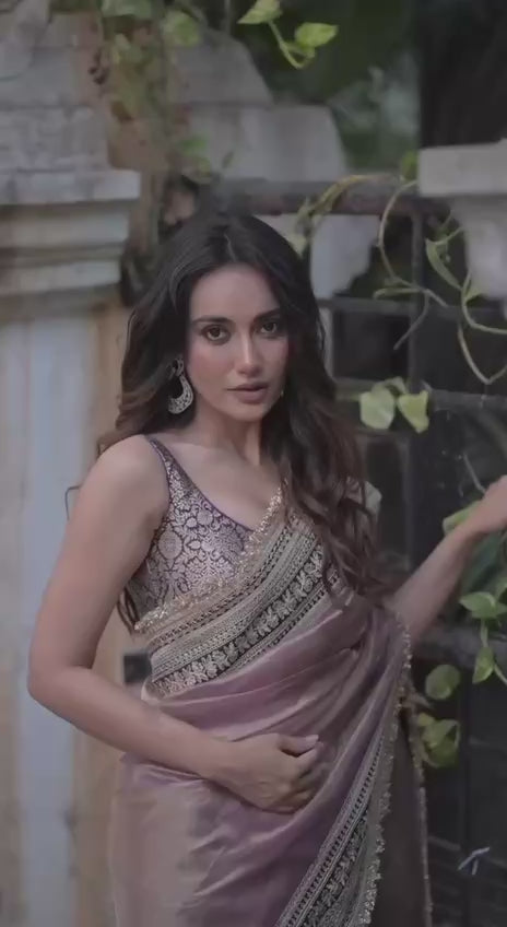 Surabhi Inspired Onion Pink Saree with Gold and Brown Embroidered Borders