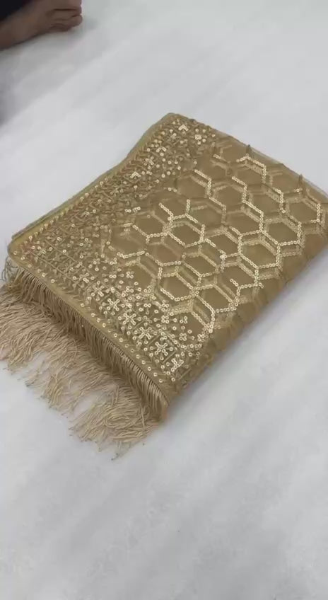 Bollywood Inspired Golden Honeycomb Pattern Net Saree with Tassel Border