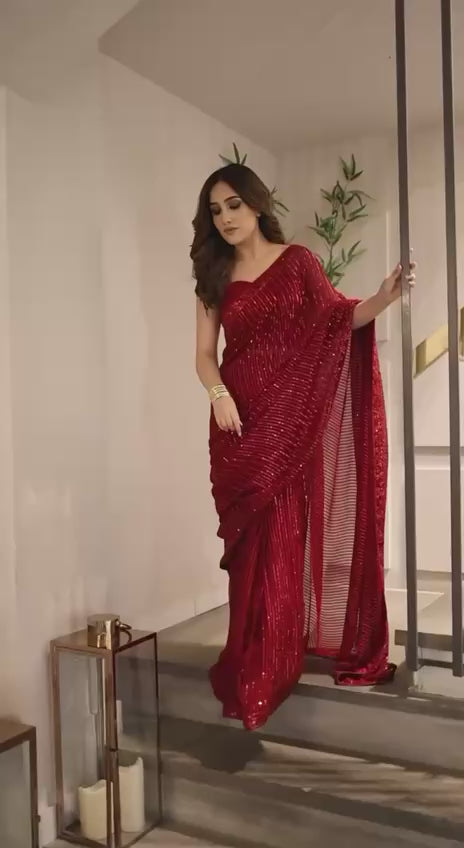 Bollywood Inspired Heavy Georgette Sequins Embroidery Red Saree
