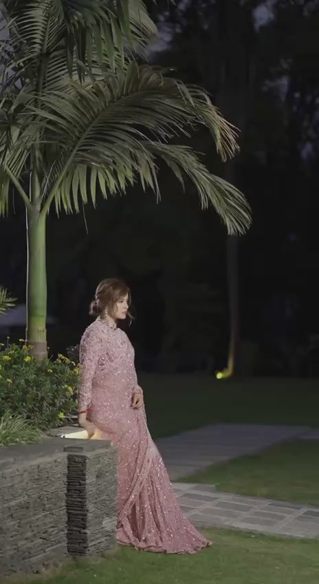 Bollywood Inspired Pink Sequin Saree with Embroidery Border