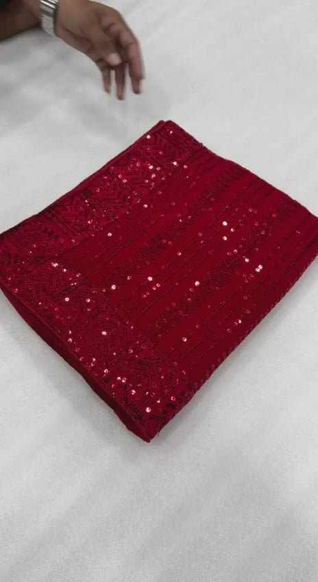 Bollywood Inspired Red Sequin Saree with Lace Border & Heavy Sequin Blouse