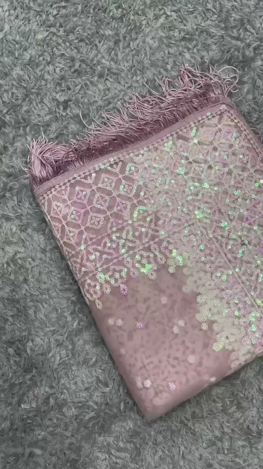 Light Pink Net Saree with Sequin Work-70605399752785