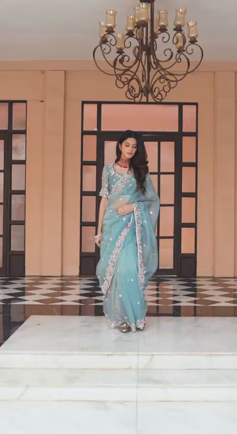 Bollywood Inspired Teal Blue Saree with Handcrafted Embroidered Border