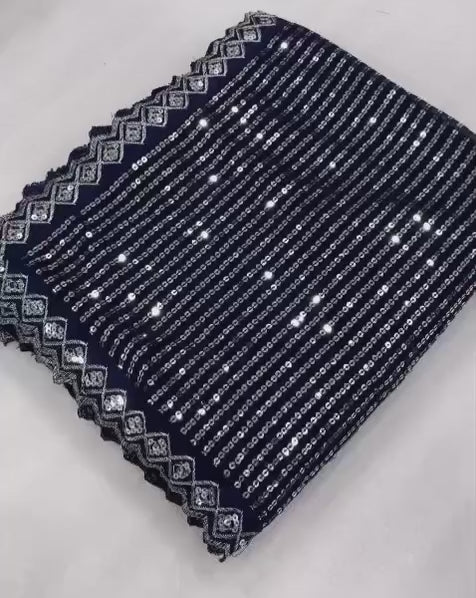 Trisha Inspired Blue & Silver Sequin Work Georgette Saree with Cutwork Lace