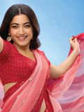 Rashmika Inspired Striped Printed Chiffon Saree in Red & Pink Color