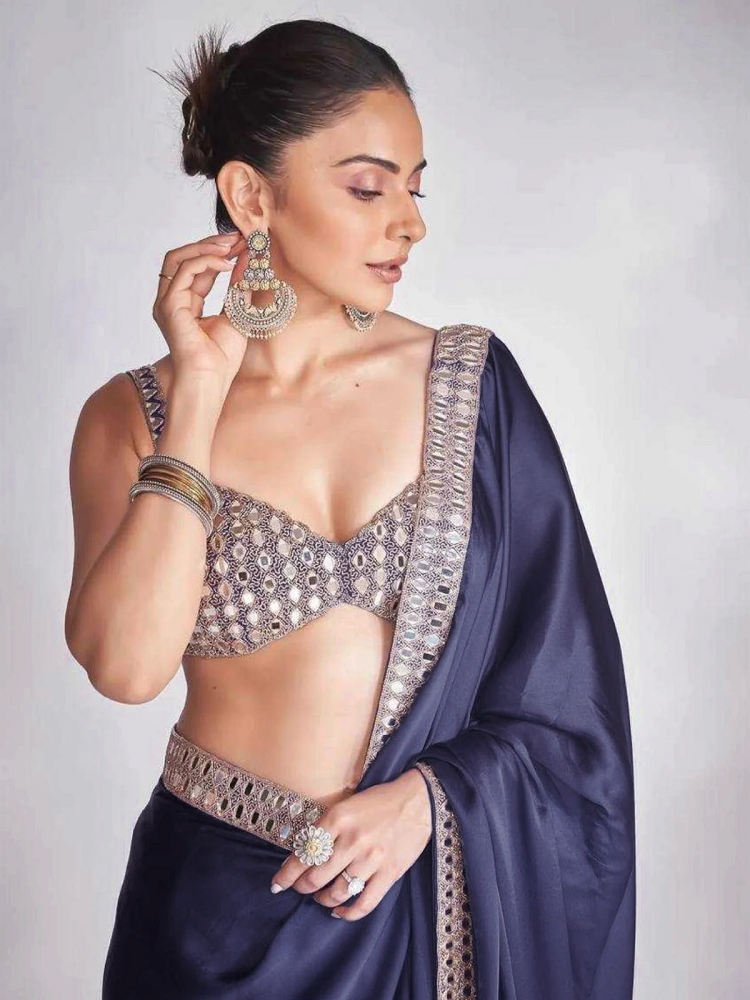 Rakul Inspired Satin Dark Blue Saree With Embroidery Lace and Real Mirror
