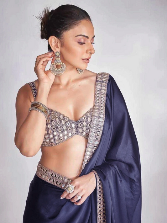 Rakul Inspired Satin Dark Blue Saree With Embroidery Lace and Real Mirror-71906627813457