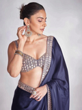 Rakul Inspired Satin Dark Blue Saree With Embroidery Lace and Real Mirror