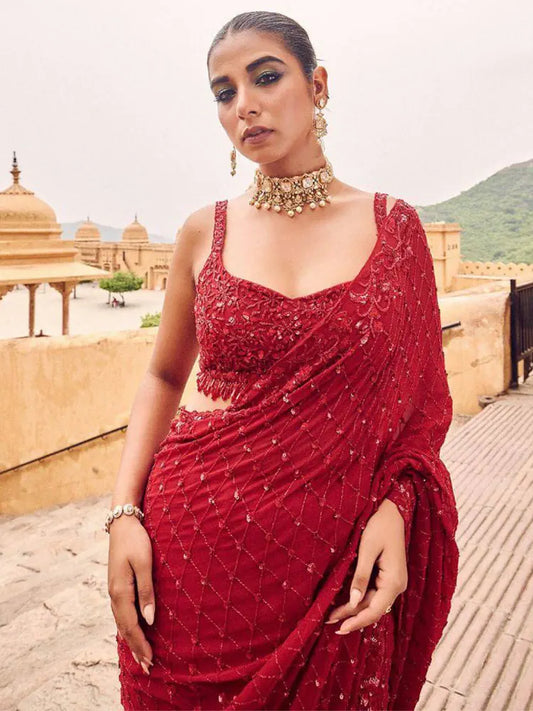 Bollywood Inspired Faux Georgette Embroidery Red Saree with Sequins Work-71905399111761