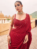 Bollywood Inspired Faux Georgette Embroidery Red Saree with Sequins Work