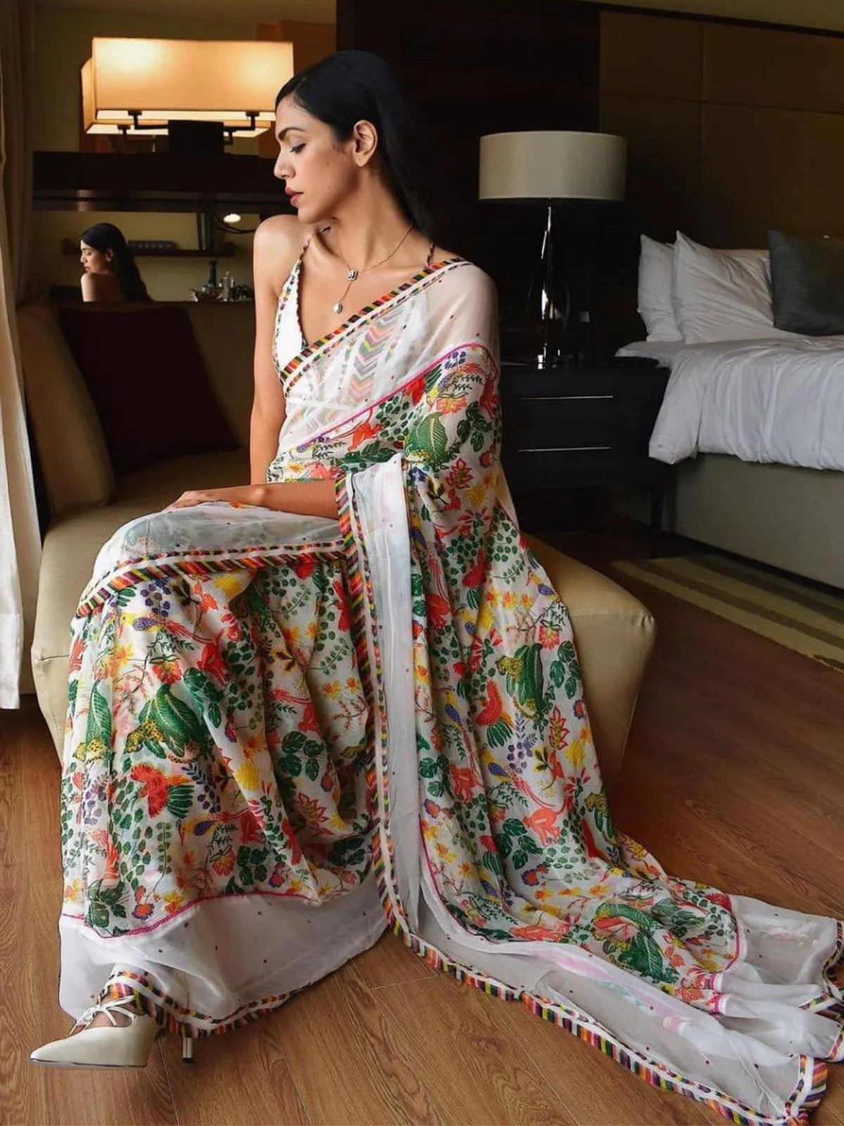 Shriya Inspired White Printed Georgette Rimjhim Saree-67189192261713