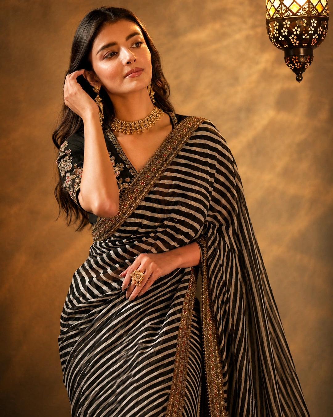 Bollywood Inspired Soft Georgette Leriya Black Saree with Embroidery