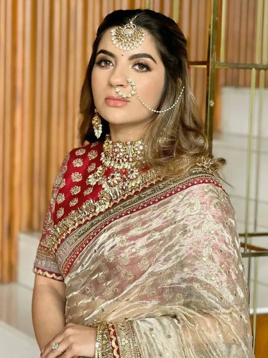 Bollywood Inspired Off-White Twill Net Saree with Red & Gold Embroidery-71904981483601