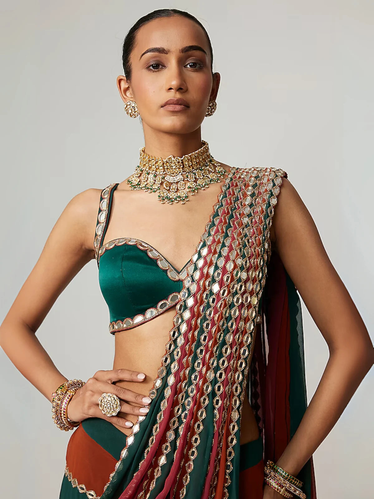 Shilpa Inspired Multi-Colored Georgette Mirror Embroidered Saree