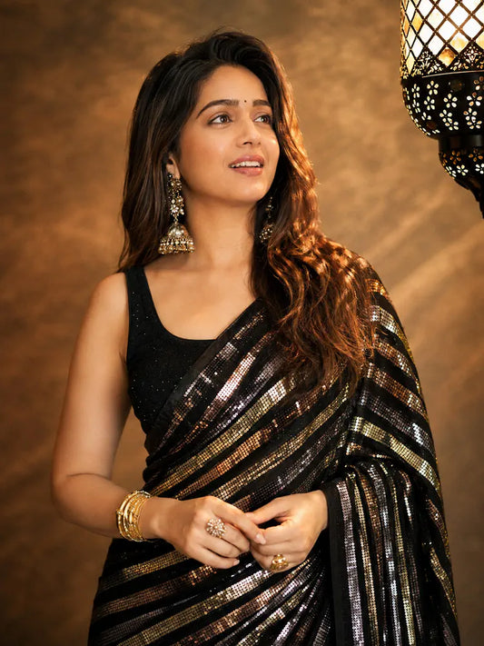 Bollywood-Inspired Black Sequin Saree with Metallic Stripes-71911967752273