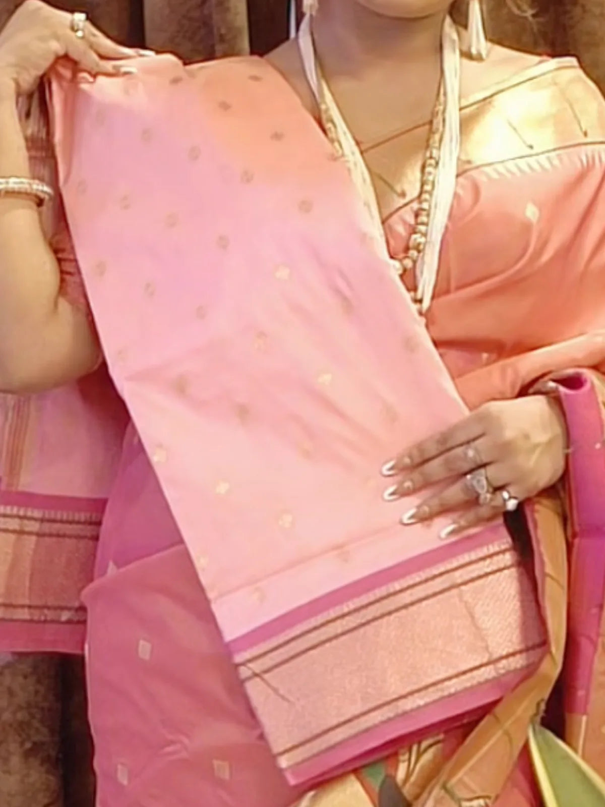 Madhuri Inspired Saree with Gold Butti and Contrast Border - Light Pink-1  Celebrity Drapes
