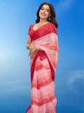 Rashmika Inspired Striped Printed Chiffon Saree in Red & Pink Color